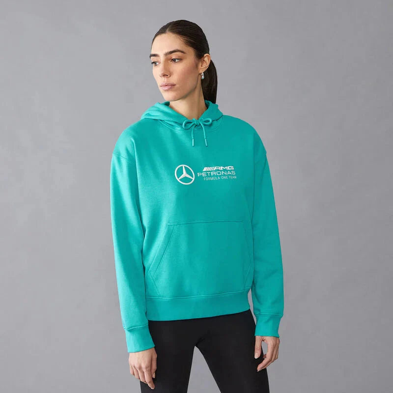 Mercedes AMG Petronas F1 Women's Oversized Logo Hoodie - Black/Mint